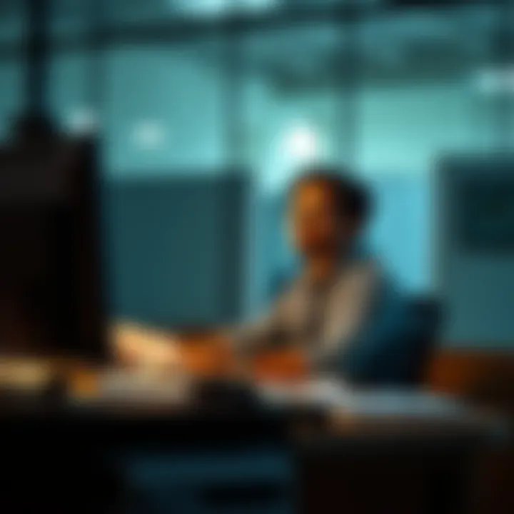 A person labeled as a Projector sits at a desk in a corporate office, looking thoughtful amidst paperwork and a computer, suggesting the challenge of managing energy in a demanding job.
