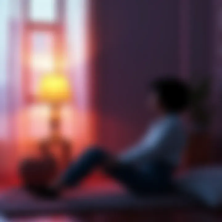 A person sitting peacefully in a cozy room, reflecting on their energy limits and accepting their needs as a Projector.