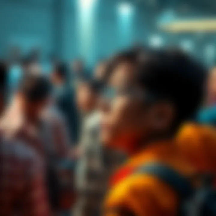 A person looking thoughtfully at a diverse group, reflecting on their potential and identities.