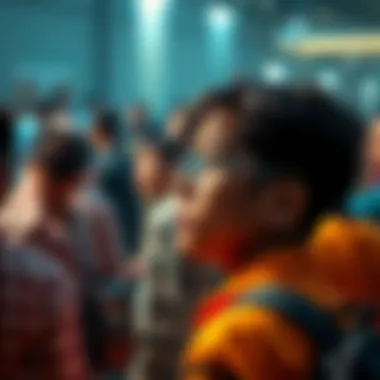 A person observing a group of people A person looking thoughtfully at a diverse group, reflecting on their potential and identities.