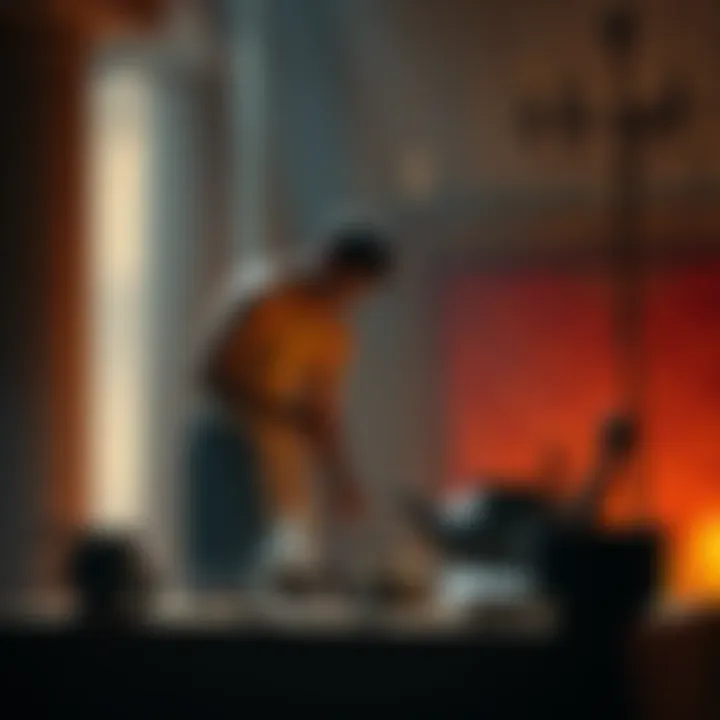 A person setting up a Prometheus altar with offerings and cleaning tools.