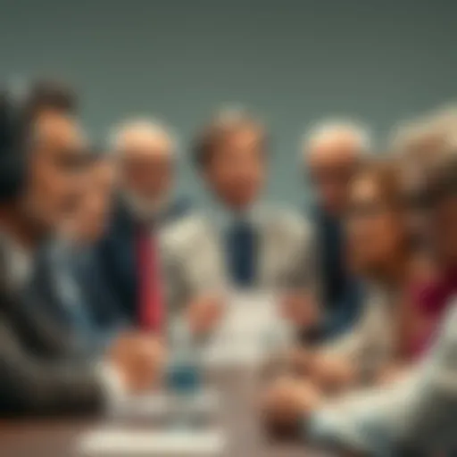 A group of diverse politicians and celebrities engaged in a discussion about COVID-19's impact, looking serious and concerned.