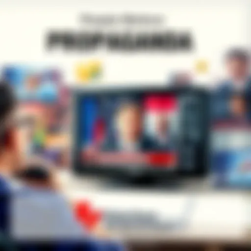 A collage showing a person looking confused while watching news on a TV, with images of politicians and health debates in the background, symbolizing the influence of propaganda.