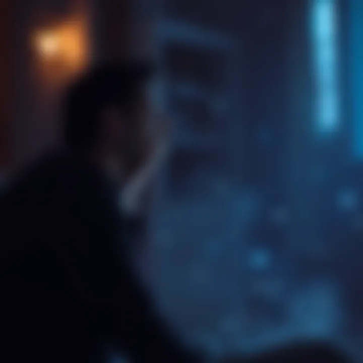 Individual sitting in a dimly lit room, eyes closed, surrounded by ethereal light, reflecting on dreams connected to family, with a look of contemplation.