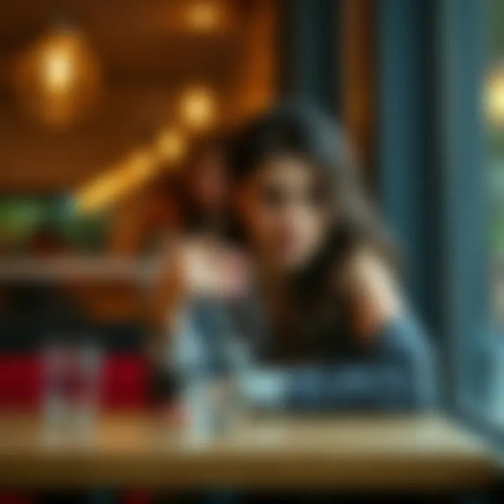 Proposal Dilemma A woman sitting at a cafรฉ looking thoughtful while examining a ring in her hand, symbolizing her struggle with a marriage proposal.