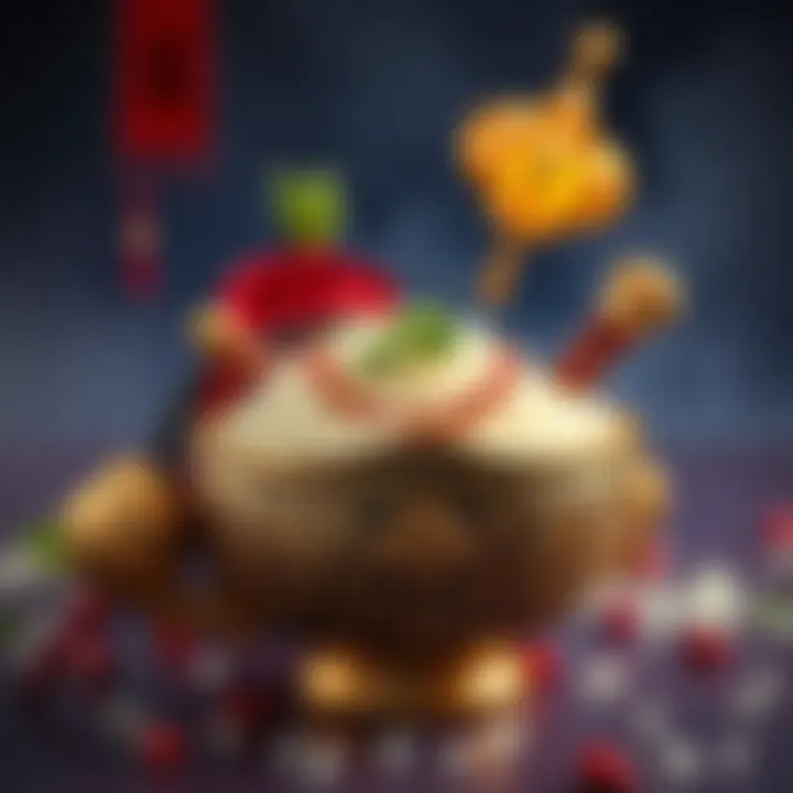 A colorful prosperity bowl filled with rice, herbs, and jewelry, symbolizing wealth and intentions for abundance