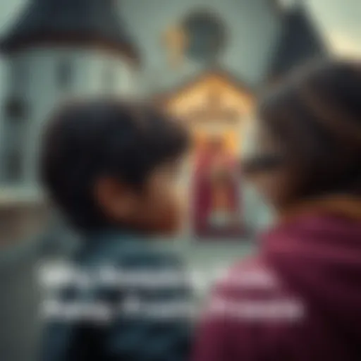 A concerned parent keeping a watchful eye on their child while near a church with a priest in the background