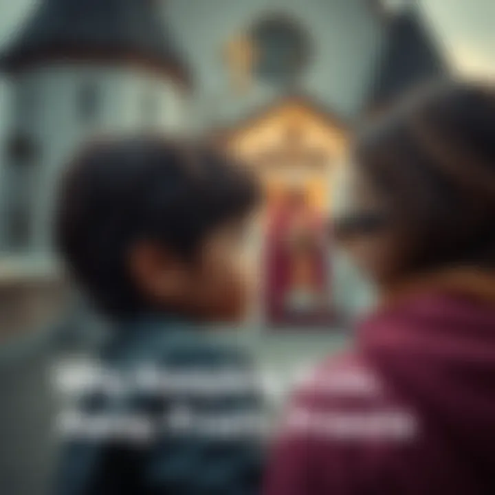 A concerned parent keeping a watchful eye on their child while near a church with a priest in the background