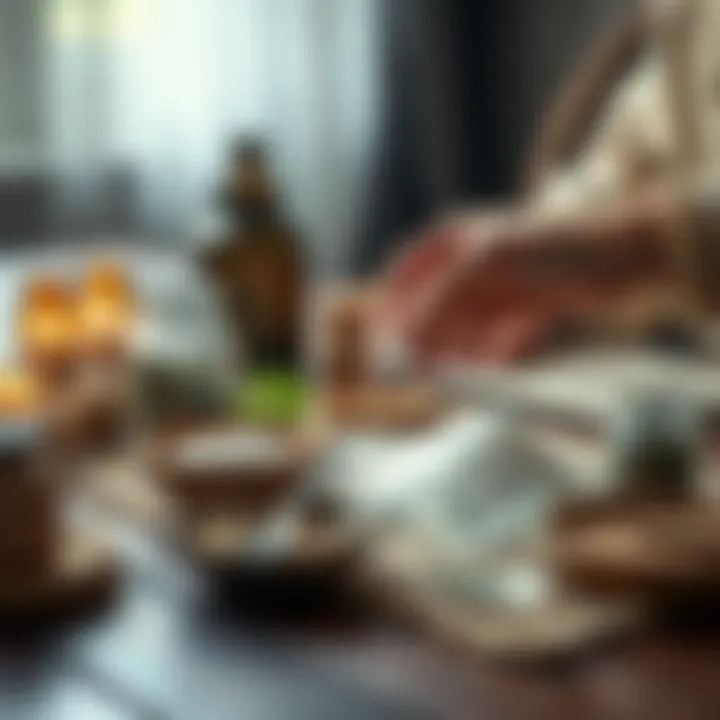 A person arranging natural ingredients like sea salt and herbs on a table to create a protection ward for their home, focusing on positive energy.