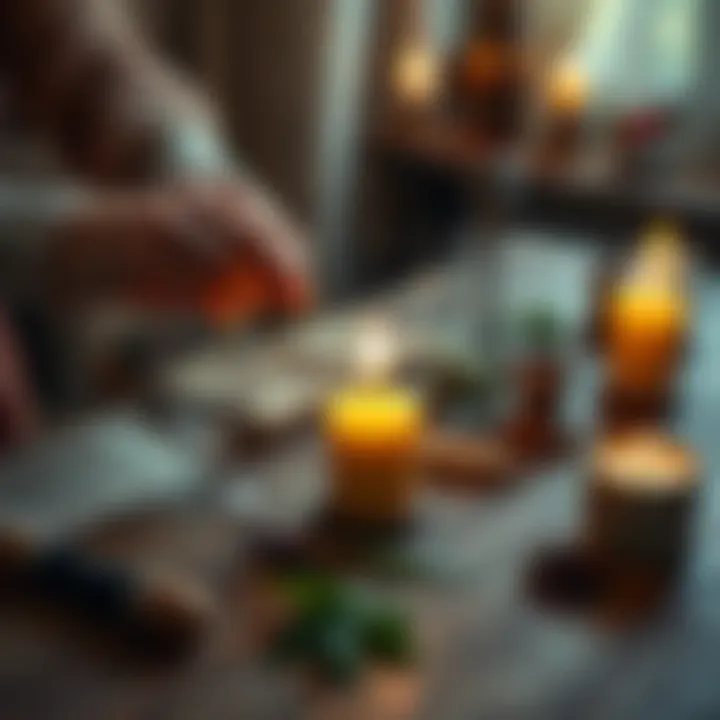 A person crafting a protection candle with herbs and symbols on a wooden table