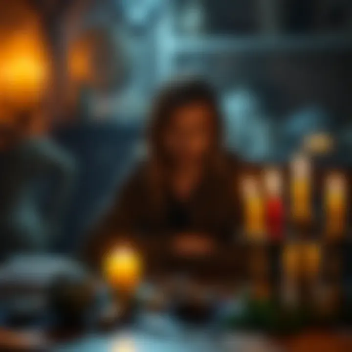A person focused on casting a protection spell with candles and herbs on a table, looking concerned about its effects.