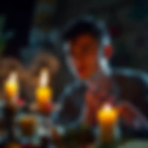 Individual casting a spell with candles and herbs, looking tired, reflecting on their experience
