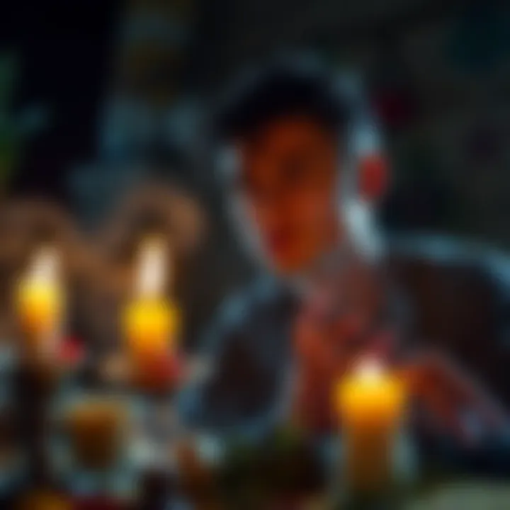 Individual casting a spell with candles and herbs, looking tired, reflecting on their experience