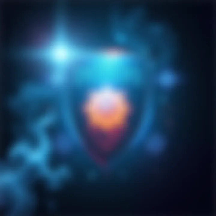 A shield symbol representing a protection spell, surrounded by mystical elements like stars and light, conveying a sense of safety and guidance.