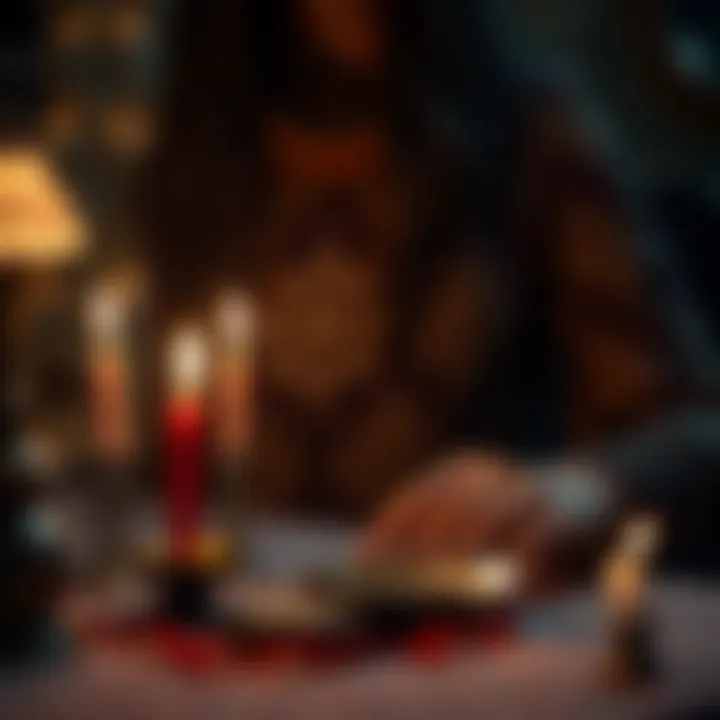 A person lighting candles and arranging protective charms on a table, performing a ritual to ward off negative spirits.