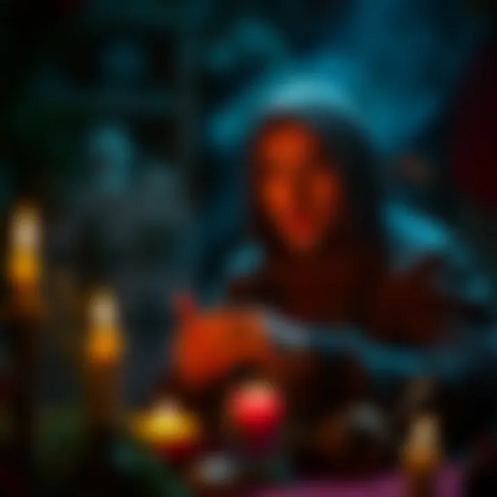 A person performing a protective ritual with candles and herbs to ward off deceptive spirits and tricksters.