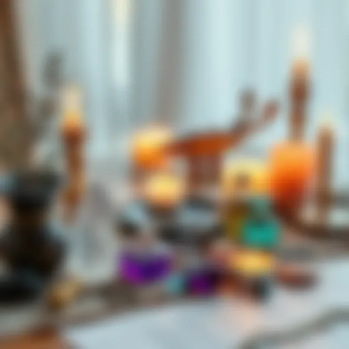A table displaying various protective amulets and cleansing tools for home safeguarding, including crystals, herbs, and candles.