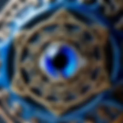 A close-up of a blue protective amulet designed to ward off the evil eye, featuring a prominent eye symbol surrounded by intricate patterns.
