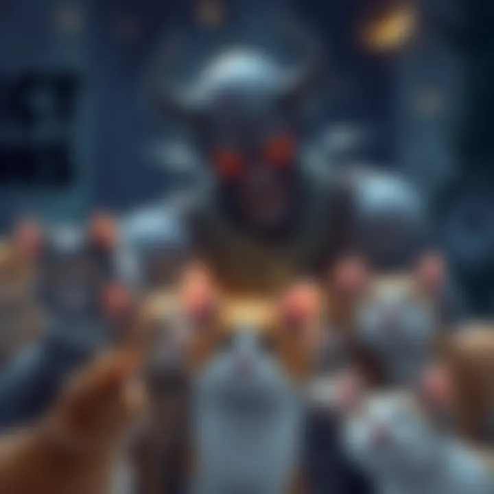 A mystical illustration showing a demonic figure with a gentle expression surrounded by cats, symbolizing protection against animal abuse.
