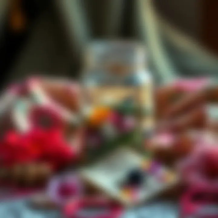 A colorful jar filled with herbs, crystals, and a small note, surrounded by decorative fabric and flowers, symbolizing a protective spell for a pregnant sister.
