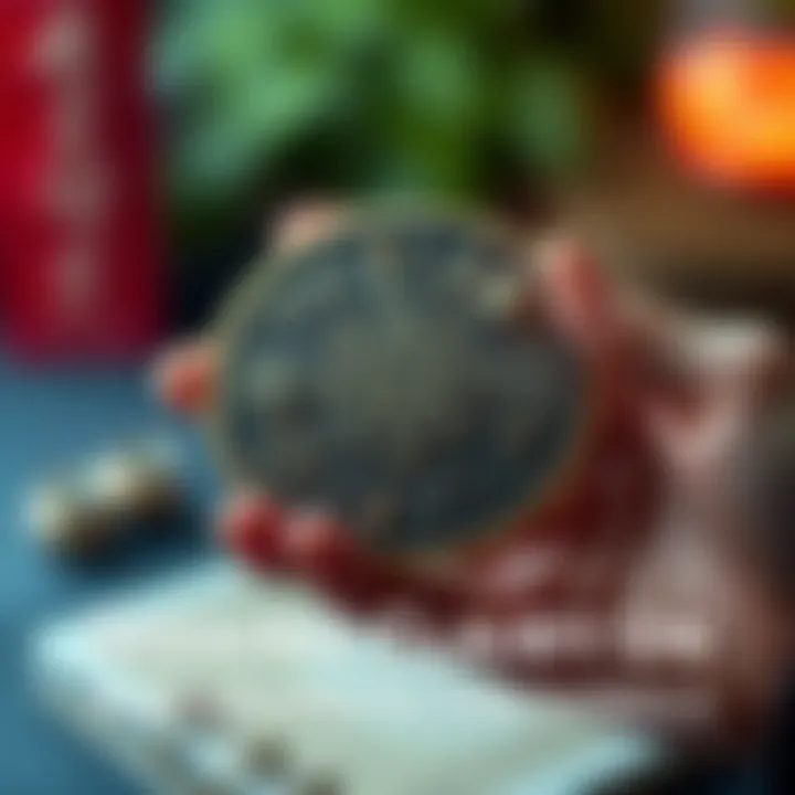 A close-up view of a talisman featuring various intricate symbols believed to offer protection, held in a person's hand, with a soft focus background.