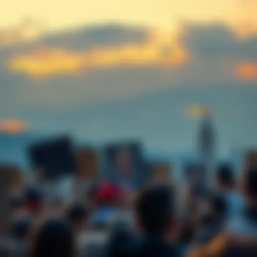 A crowd of people holding signs demanding accountability from powerful figures, with a backdrop of a city skyline
