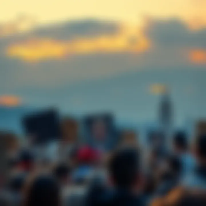 A crowd of people holding signs demanding accountability from powerful figures, with a backdrop of a city skyline