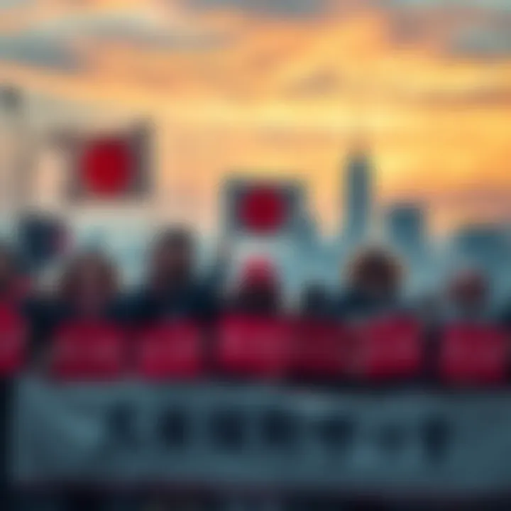 Protest against underage exploitation in Japan A group of activists holding banners calling for justice against underage exploitation, with a backdrop of a city skyline in Japan