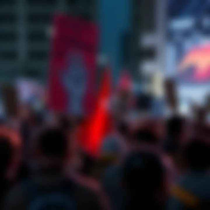Citizens holding signs and banners at a protest rally, expressing their demand for change in a corrupt system.