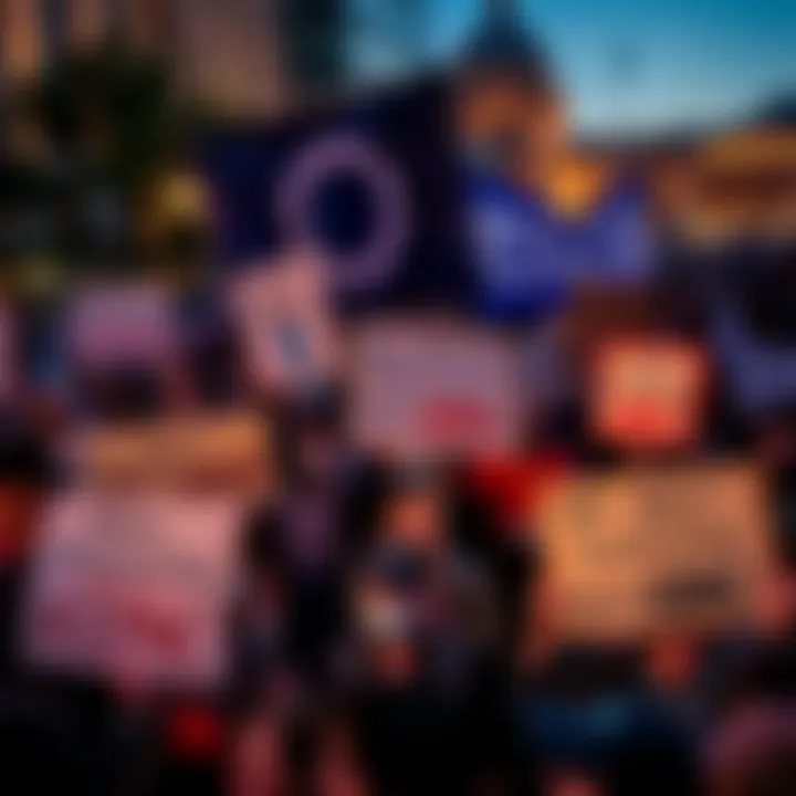 A crowd of people holding signs and banners calling for accountability in government regarding foreign influence.
