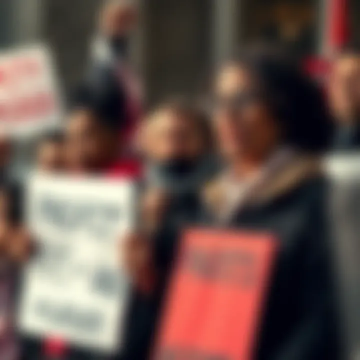 Protest against profiting from crimes A group of people holding signs denouncing profit from rape and murder, with expressions of anger and determination.