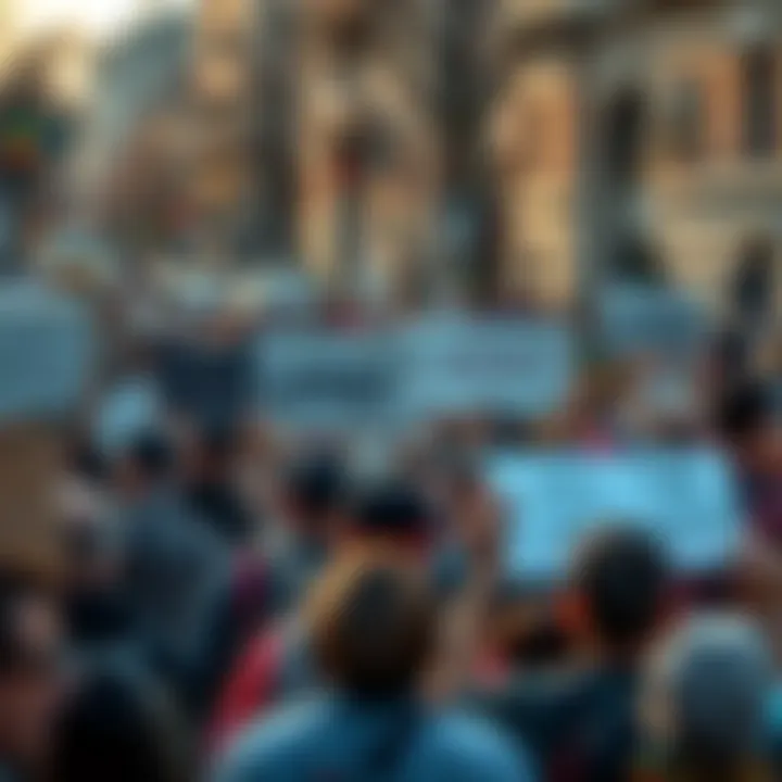 People protesting in the streets Crowd of people holding signs during a protest, raising their voices in response to recent events