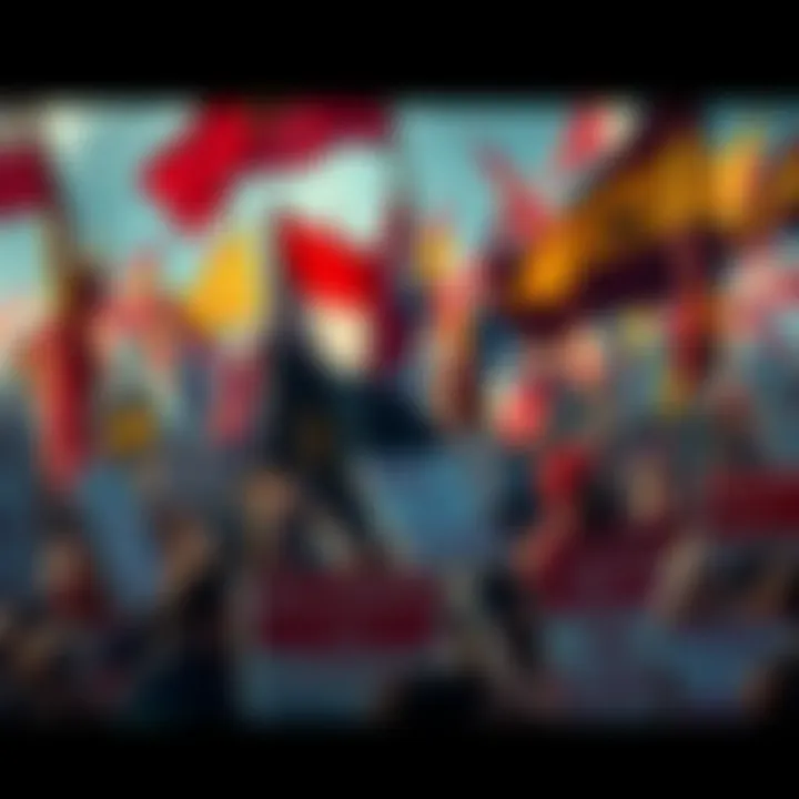 A crowd of people holding protest signs and flags, passionately advocating for freedom and rights during a demonstration.