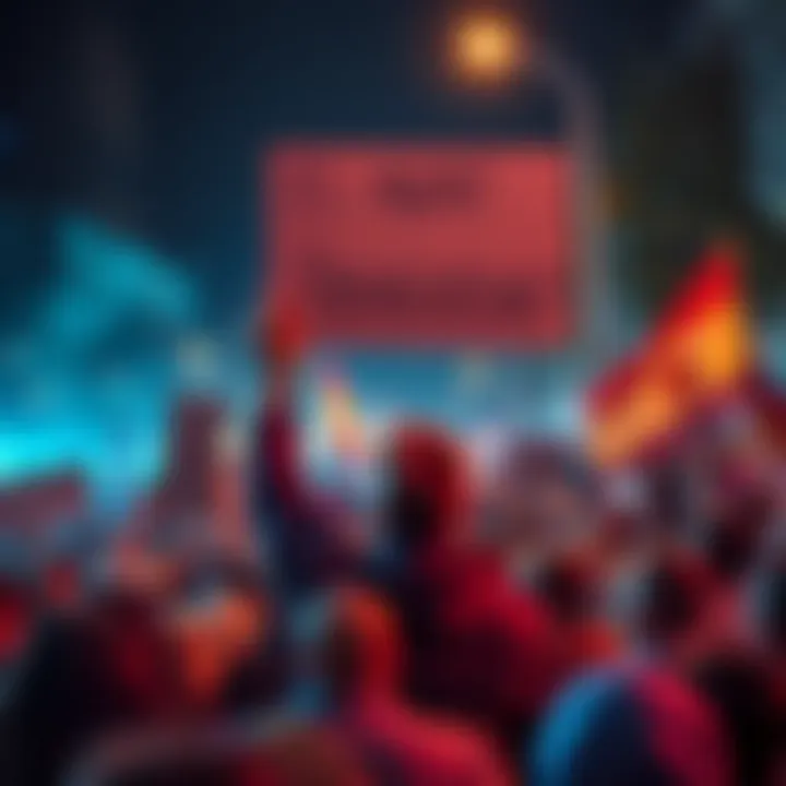A protest gathering with a person holding a sign that influences the crowd, illustrating the role of agent provocateurs in political debates.