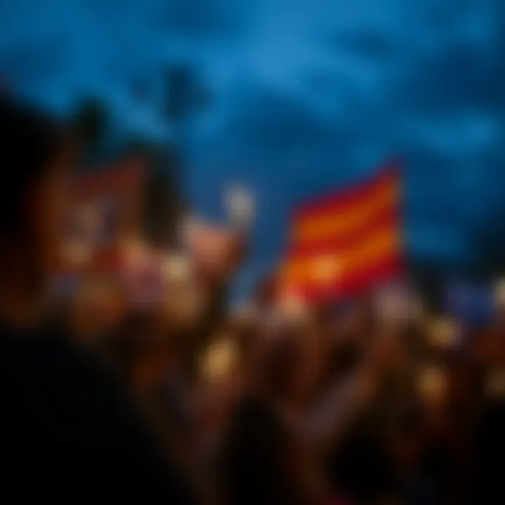 A diverse group of protesters holding candles while chanting under the night sky, symbolizing unity and strength against far-right movements.