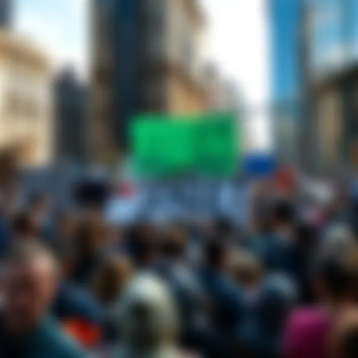 A diverse group of people holding signs and banners in a demonstration, promoting social justice and economic equality, surrounded by city buildings.