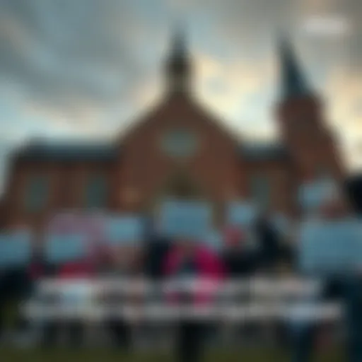 A group of protesters holding signs outside a large church building, demanding justice for alleged abuse victims