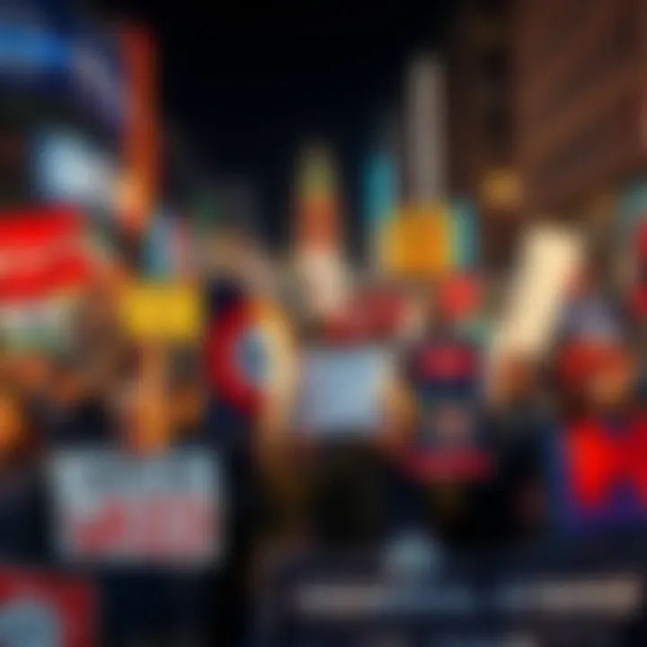 People holding signs and banners in a rally, demanding action against corporate greed, with major brands' logos visible.
