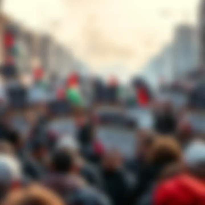 Crowd protesting with signs questioning the validity of the January 7 attacks and alleging it was staged by Israel.