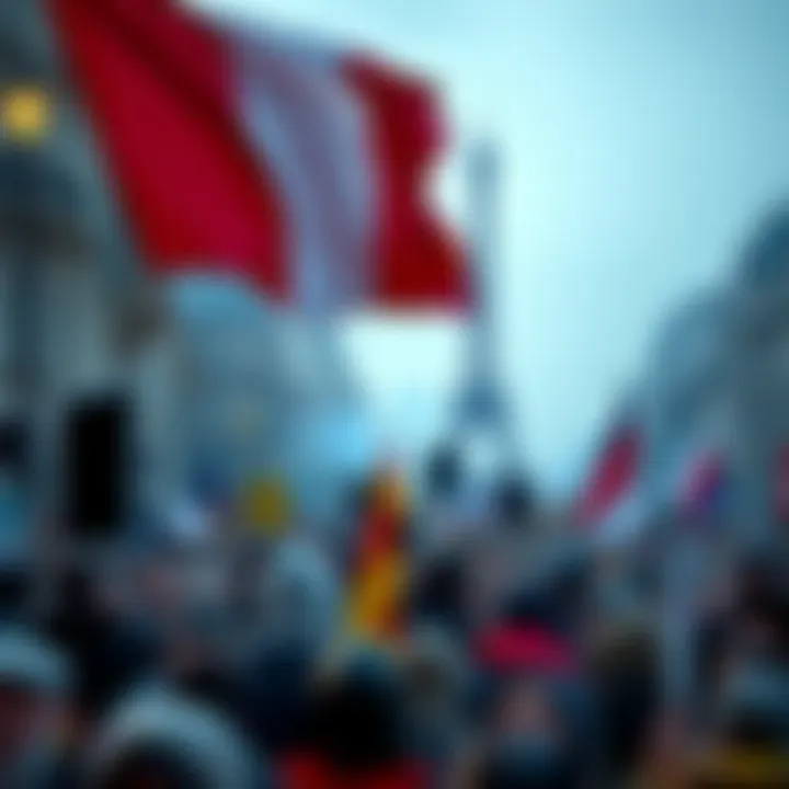 Crowds gathering in Paris for May Day protests, holding signs and flags.