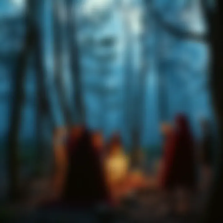 A group of people participating in a Proto-Indo-European paganism ritual in a forest, surrounded by nature and ancient symbols.