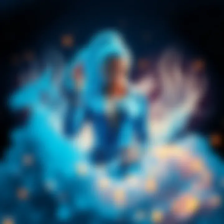 A person wearing a sparkling blue outfit, symbolizing the Pisces zodiac sign, surrounded by water waves and stars, reflecting their qualities and strengths.