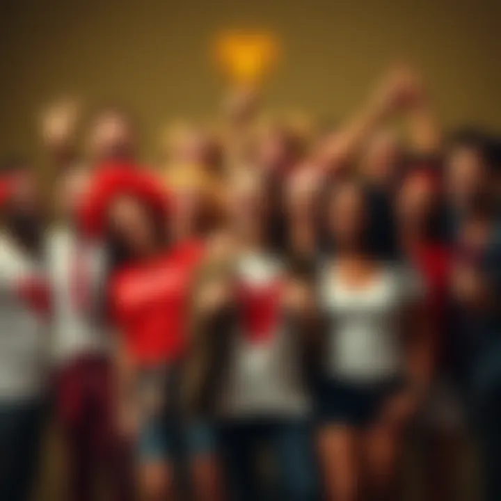 A group of people celebrating their Aries identity with enthusiasm, wearing Aries-themed apparel and accessories, surrounded by zodiac symbols.