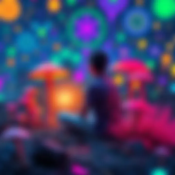 A person sitting in nature, surrounded by colorful mushrooms and vibrant patterns, reflecting on life and purpose.