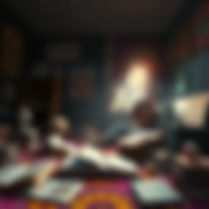 A young person sitting alone in a dimly lit room, surrounded by scattered psychedelic art and open books, showing signs of distress and introspection.