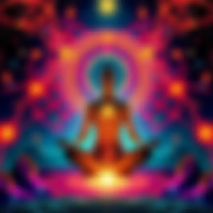 A vibrant depiction of a person meditating with psychedelic visuals representing Gnostic beliefs and knowledge around them