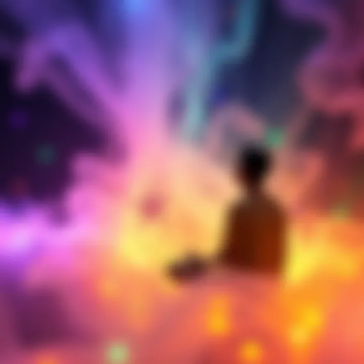 A person sitting in a serene environment, surrounded by soft, colorful lights that represent a psychedelic experience, reflecting on spiritual thoughts.
