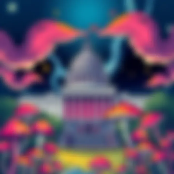 A cartoon depicting a government building with colorful mushrooms surrounding it, symbolizing the discussion about psychedelics influencing policies.