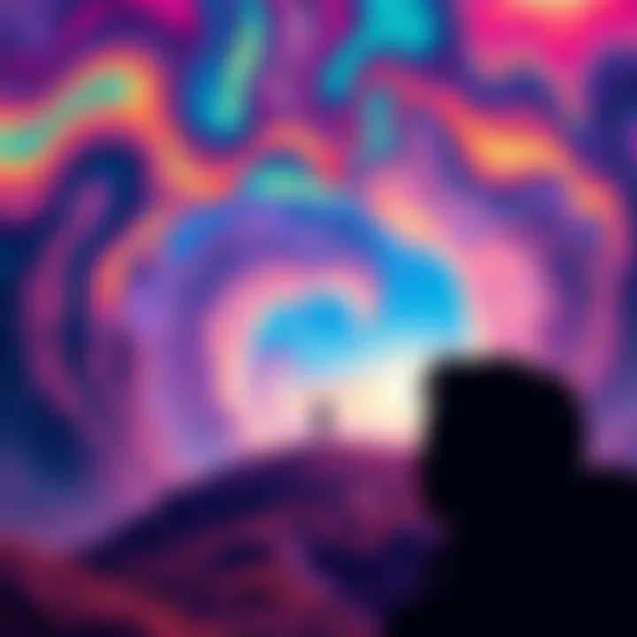 A colorful, surreal landscape representing a psychedelic experience, with bright swirling patterns and a silhouette of a person reflecting on their journey.