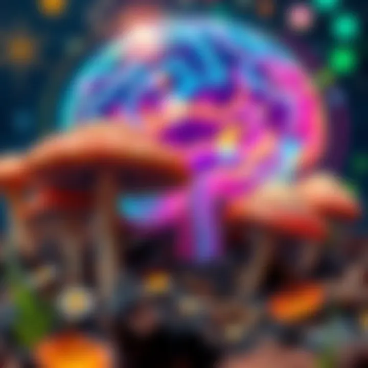 A close-up view of colorful psychedelic mushrooms with a human brain illustration in the background, symbolizing the connection between psychedelics and consciousness.